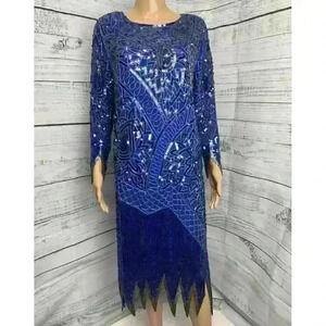 VTG 80s 100% Silk Blue Handmade Sequin Beaded Dorothy’s Sz M Party Evening Dress